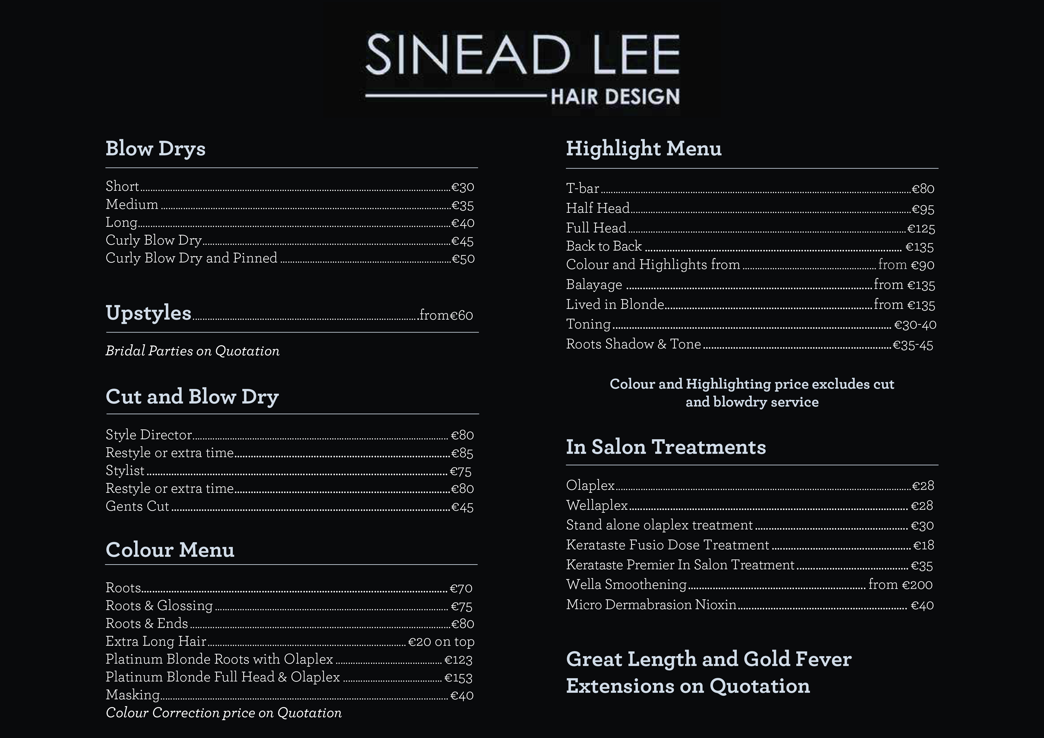 Sinead Lee Hair Design Price List 2026 Website